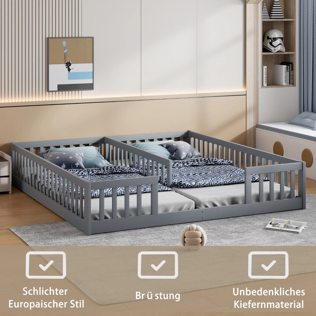 Letto per bambini 2 posti; 2 piani 90×200 cm con barriere di sicurezza; senza materasso; in pino e MDF; grigio