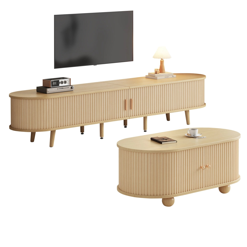 Set mobile TV e tavolino da caffè in MDF effetto legno noce chiaro con contenitori