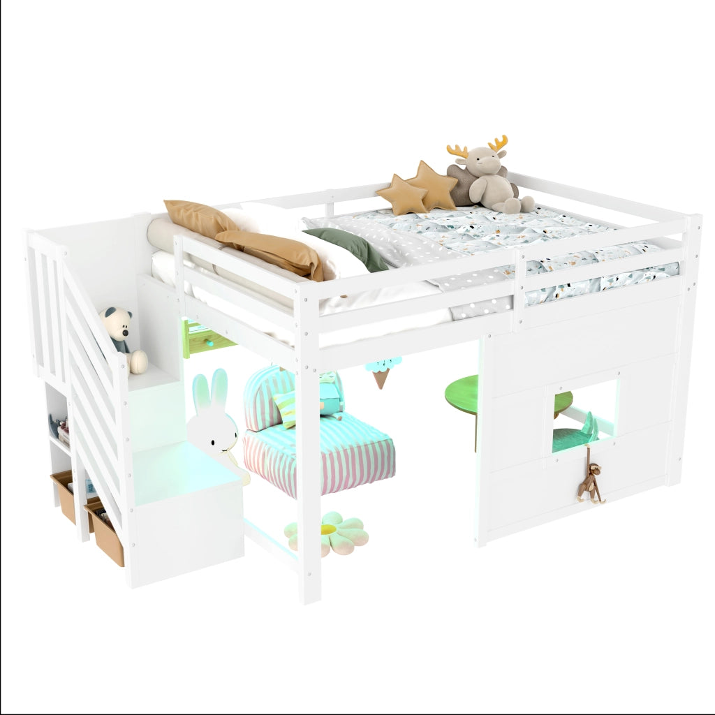 Letto a soppalco 140 x 200 cm con scala contenitore e finestra - Bianco