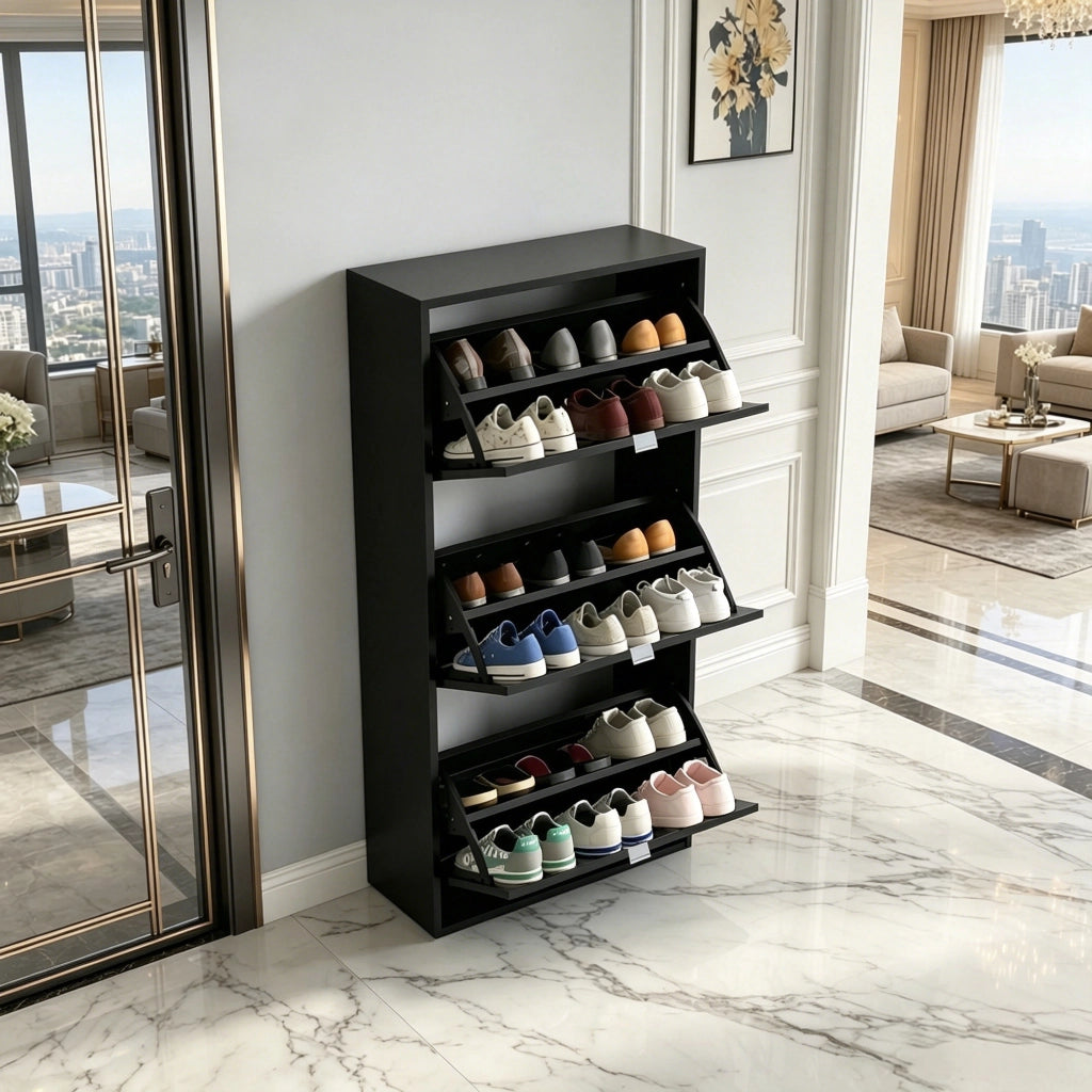 Scarpiera con 3 ante a ribalta e divisori regolabili, vassoio superiore, per ingresso, in MDF nero, 60 × 26 × 124 cm