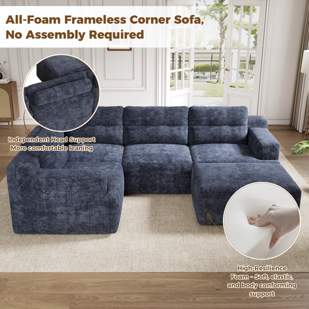 Divano panoramico modulare a 5-6 posti in chenille blu con pouf e schienale alto 82 × 252 × 180 cm