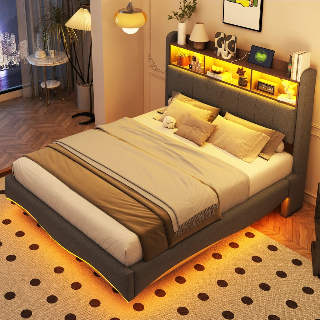 Letto imbottito sospeso 140x200 cm con LED; USB e porta Tipo-C; grigio