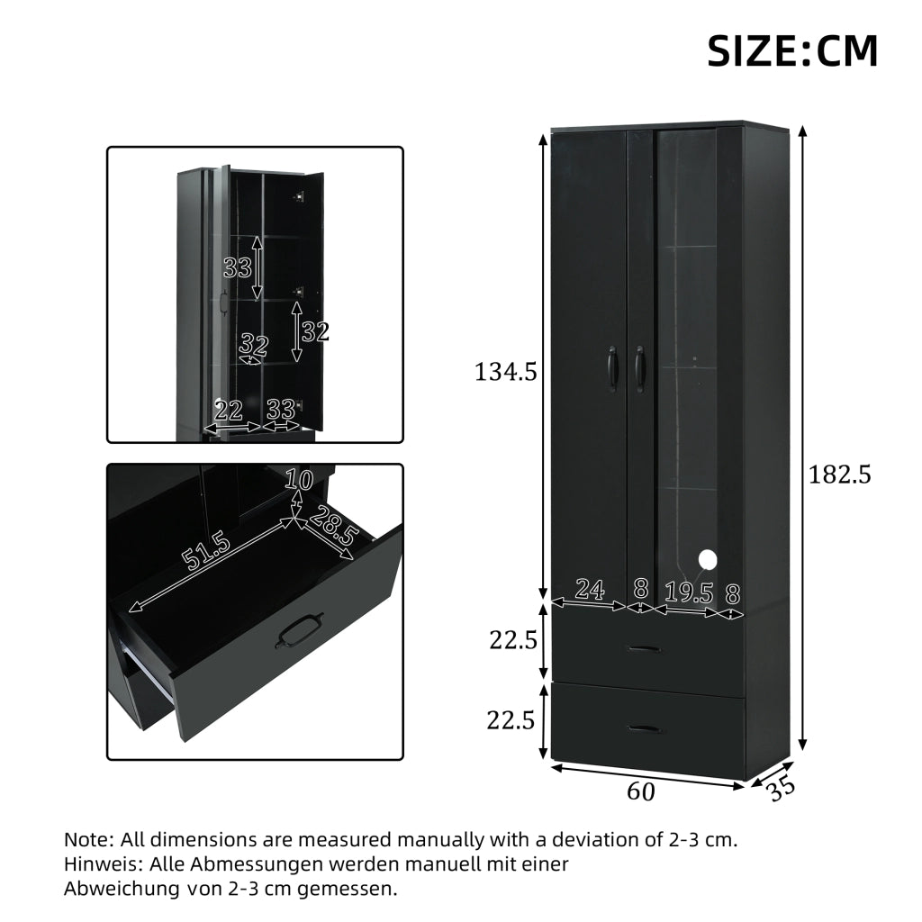 Vetrina LED con 2 ante, 2 cassetti e ripiani, nera, per soggiorno e studio, in pannello truciolare, 59.5 × 35 × 182 cm