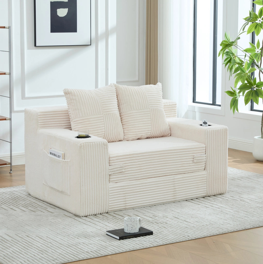Divano pouf 2 posti 151x133x64 cm in velluto a coste con tasche laterali; beige