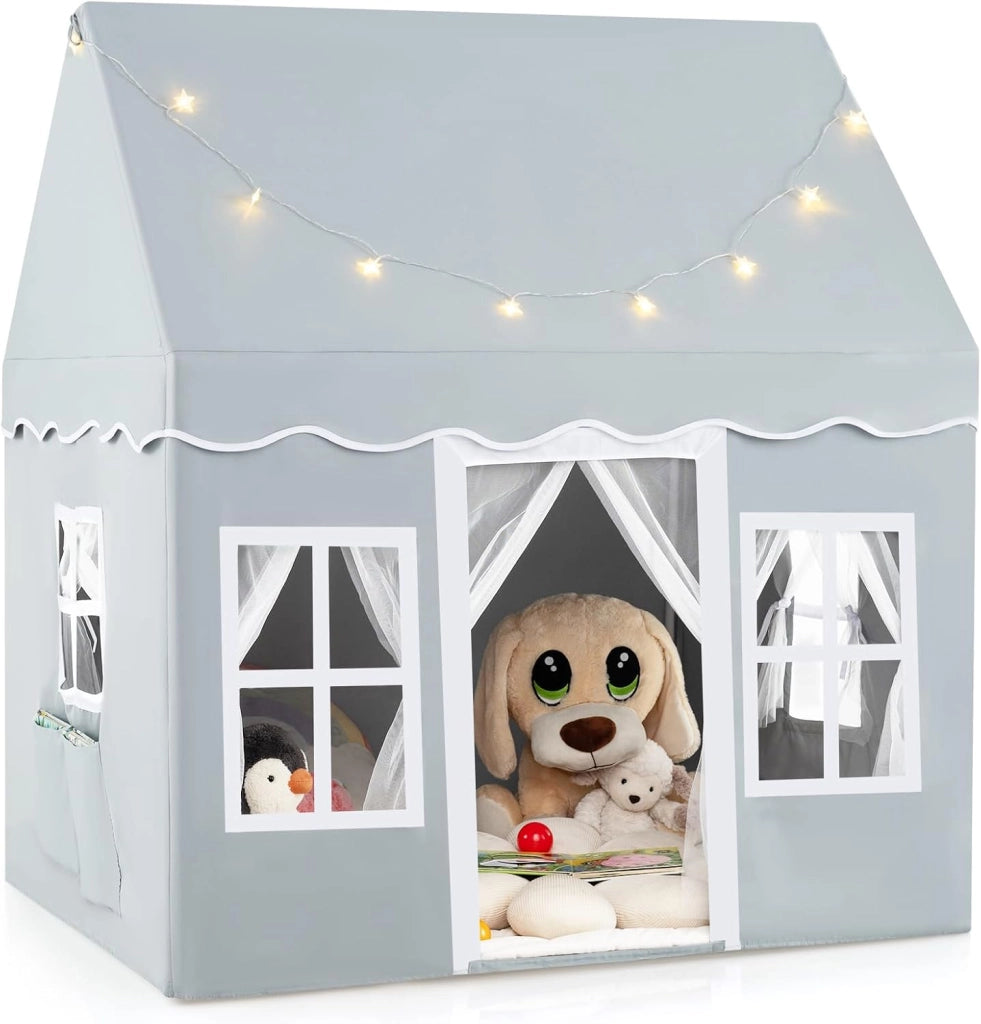 Tenda da Gioco per Bambini con Luci a Stella, Tappetino in Velluto Lavabile e Antiscivolo, Finestre e Tende a Rete, Ideale per Interni ed Esterni per Bambini 3 Anni + (Grigio)