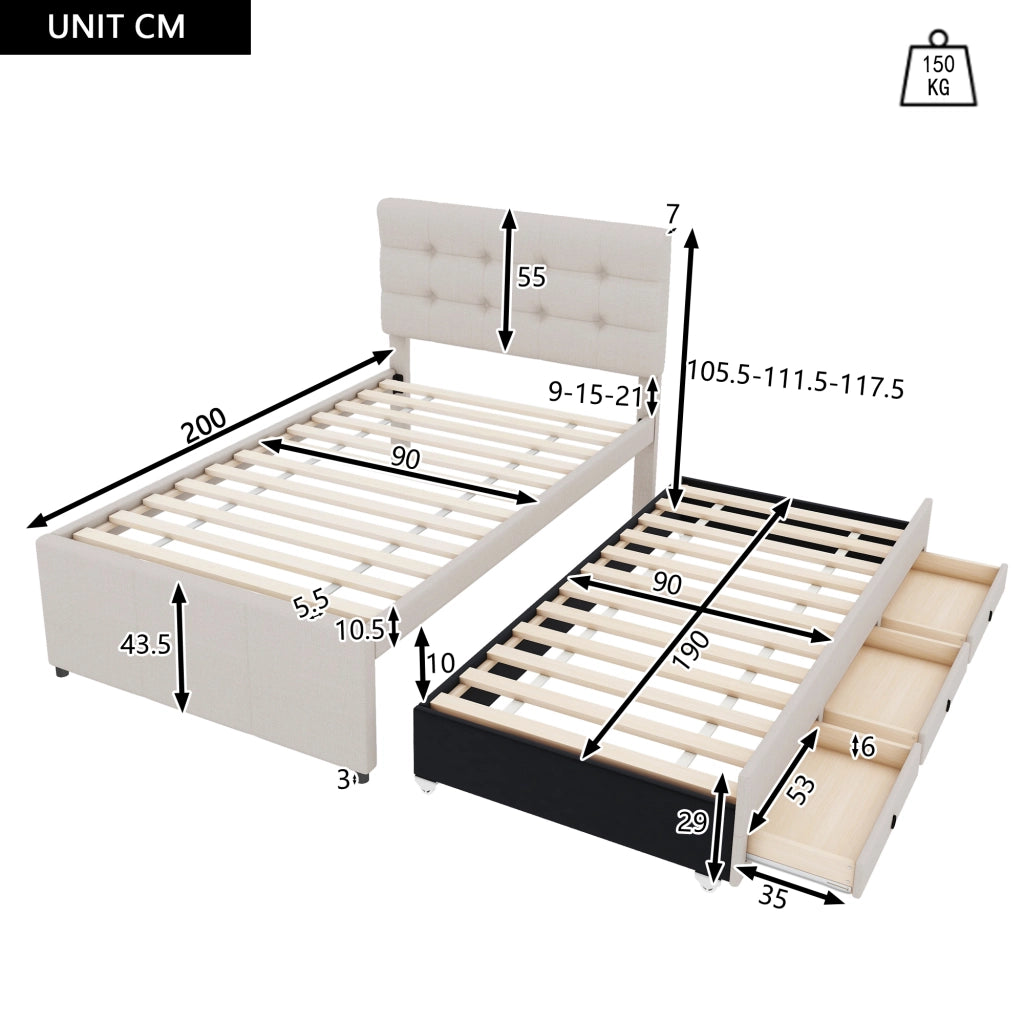Letto singolo 90x200 cm con letto estraibile 90x190 cm e 3 cassetti beige