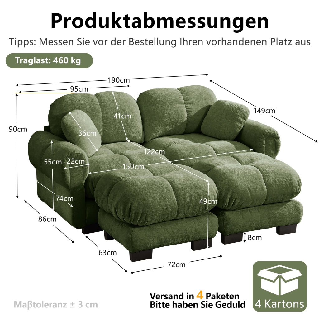 Divano panoramico modulare in ciniglia verde con pouf mobili e cuscini trapuntati 190 × 149 × 90 cm