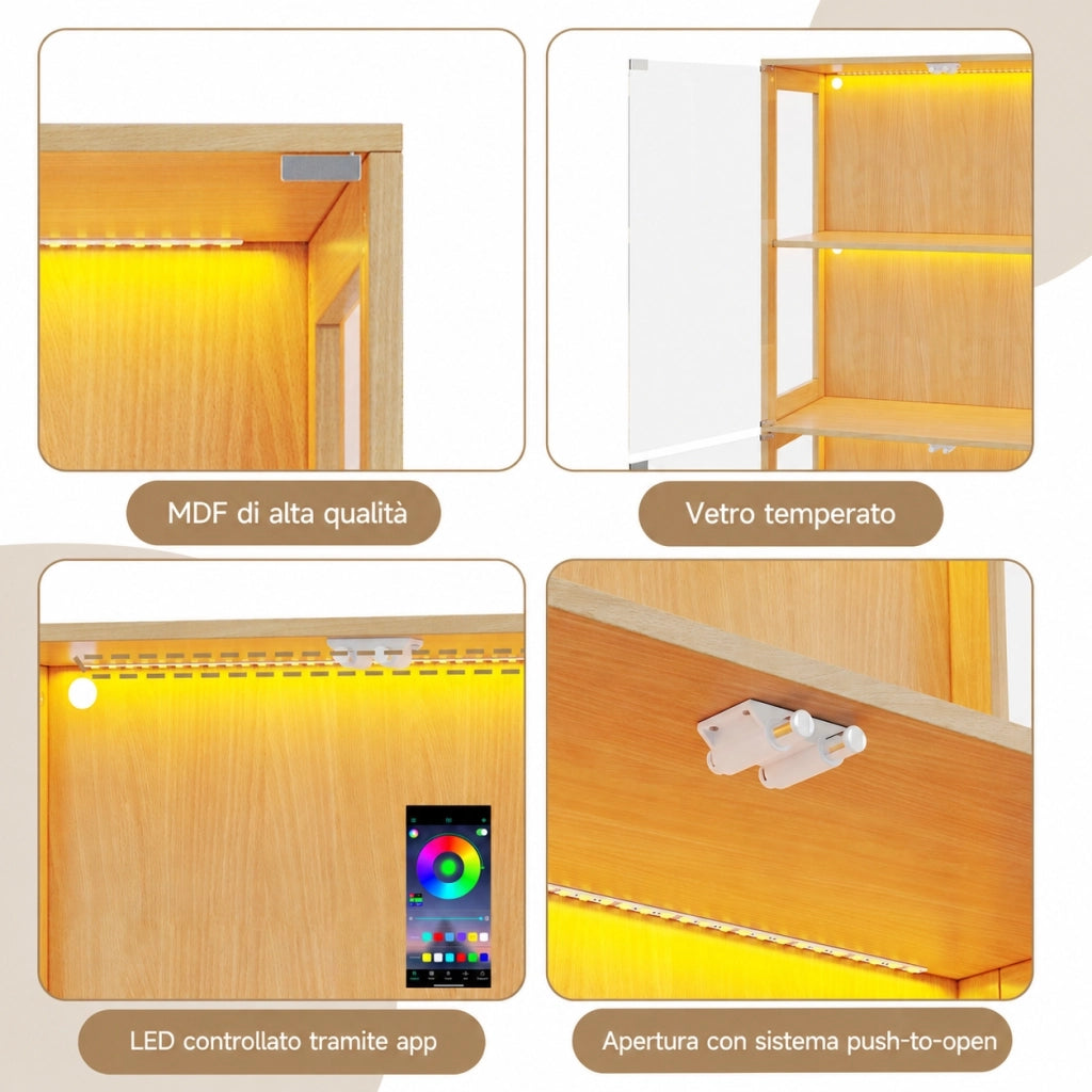 Vetrina per statuine e modellini, 80 per 35 per 170 cm, quattro ripiani, LED multicolore, MDF e vetro temperato, legno naturale