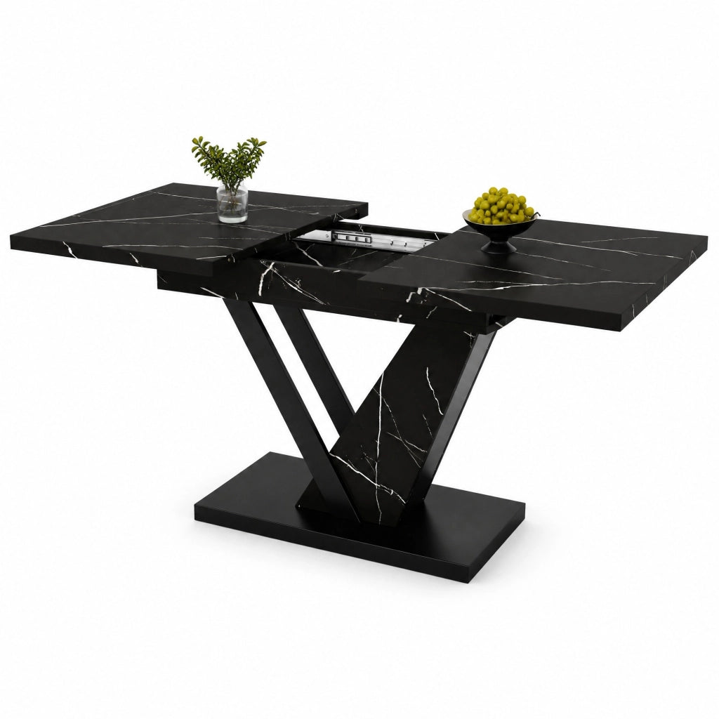 Tavolo da pranzo allungabile 120-160x75 cm, piano effetto marmo nero, MDF e metallo, 4-6 posti