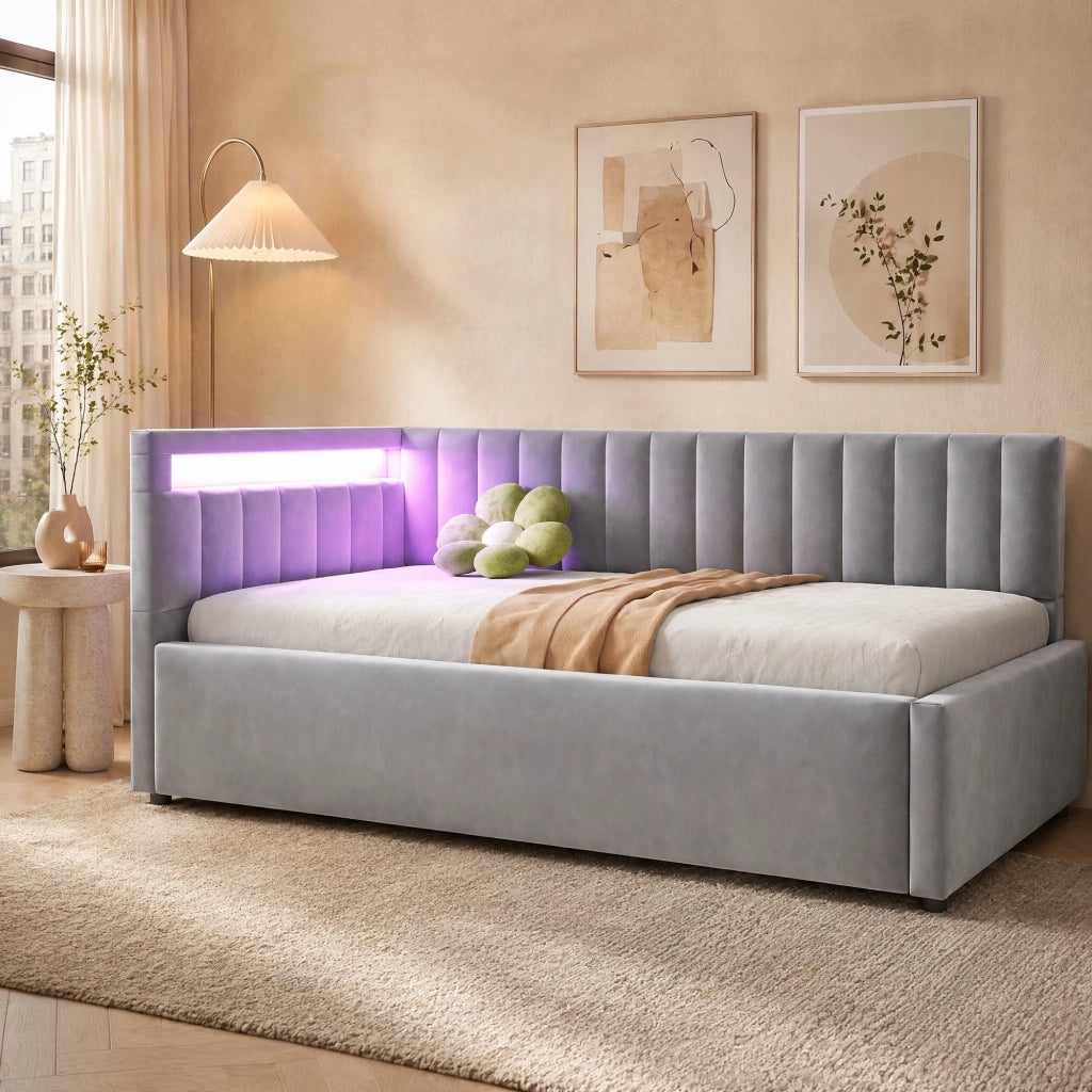 Letto singolo imbottito 90 × 200 cm con LED vano contenitore idraulico velluto grigio rete a doghe