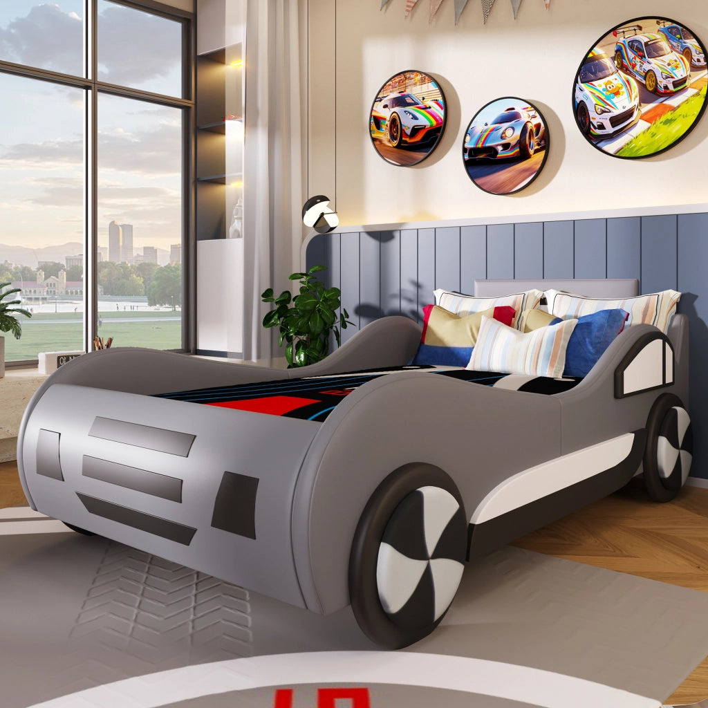 Letto per bambini 90 × 200 cm 1 posto con contenitore idraulico; senza materasso; in MDF e PU; grigio
