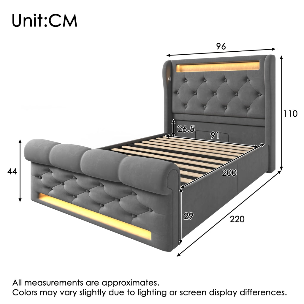 Letto singolo con contenitore 90 × 200 cm con LED USB e Type-C rivestito in velluto grigio con materasso