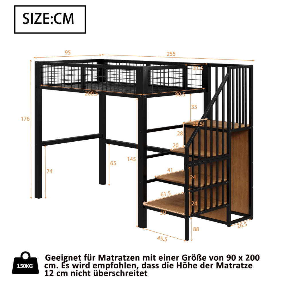 Letto a soppalco 90x200 cm nero in metallo con scala di sicurezza e armadio