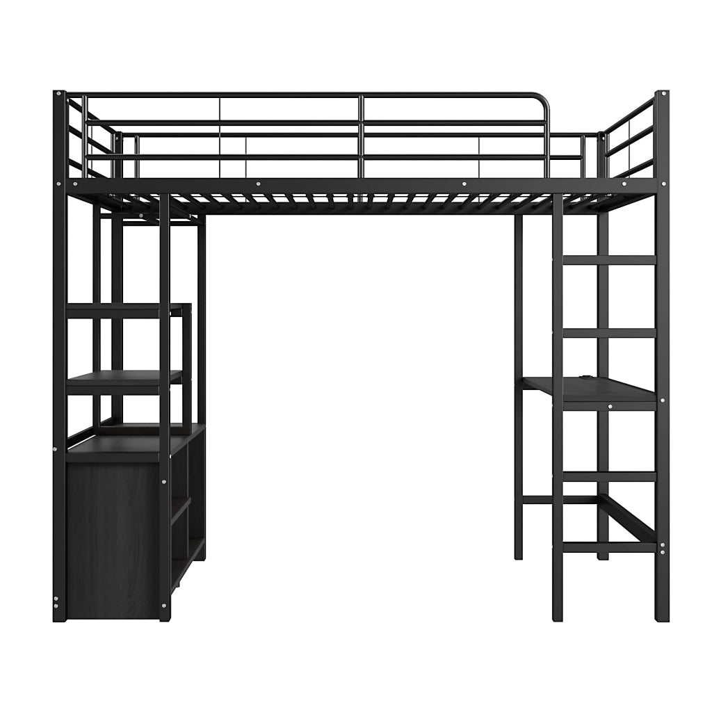 Letto a soppalco 90x200 cm in metallo con scrivania, prese USB e ripiani, colore nero