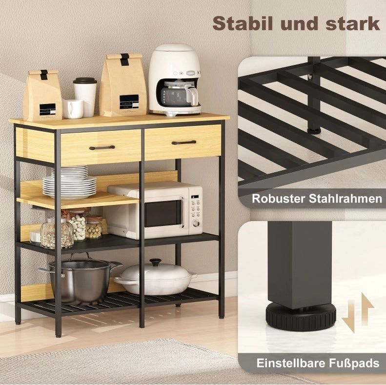 Credenza in legno naturale con 2 cassetti e 3 ripiani aperti 90x40x91 cm, stile industriale