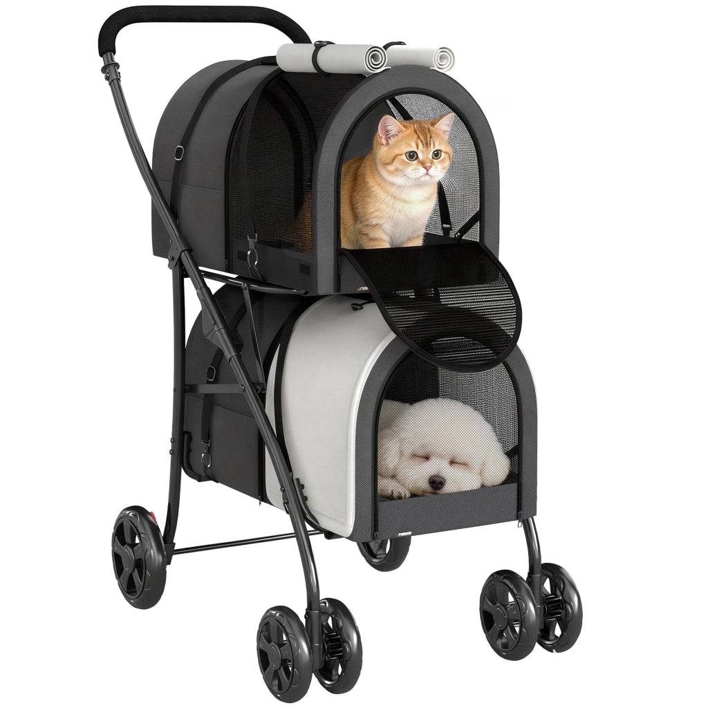 Passeggino Doppio per Cani e Gatti Pieghevole ¨C Xylo ¨C 2 Trasportini Rimovibili 66x50x98cm Grigio Scuro