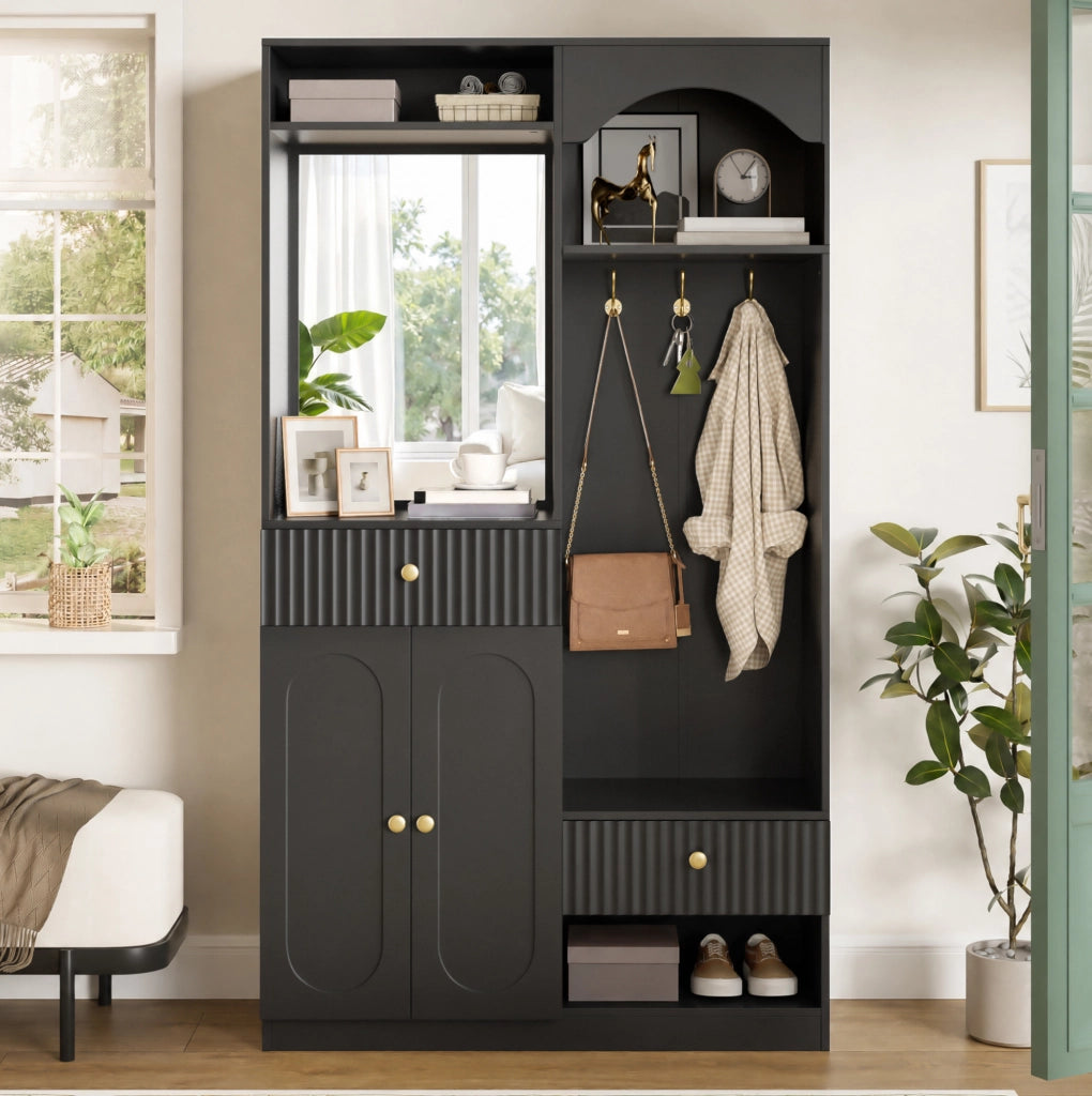 Garderoba compatta con specchio, panca, appendiabiti e luci LED regolabili, MDF nero 100x35x180 cm