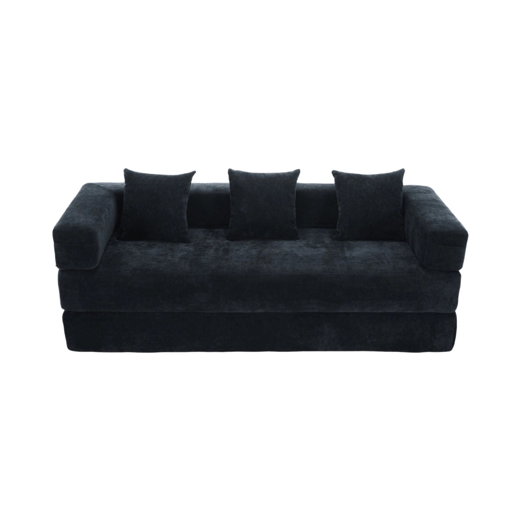 Divano modulare in ciniglia nero 198x79x60 cm con tasche laterali e base antiscivolo