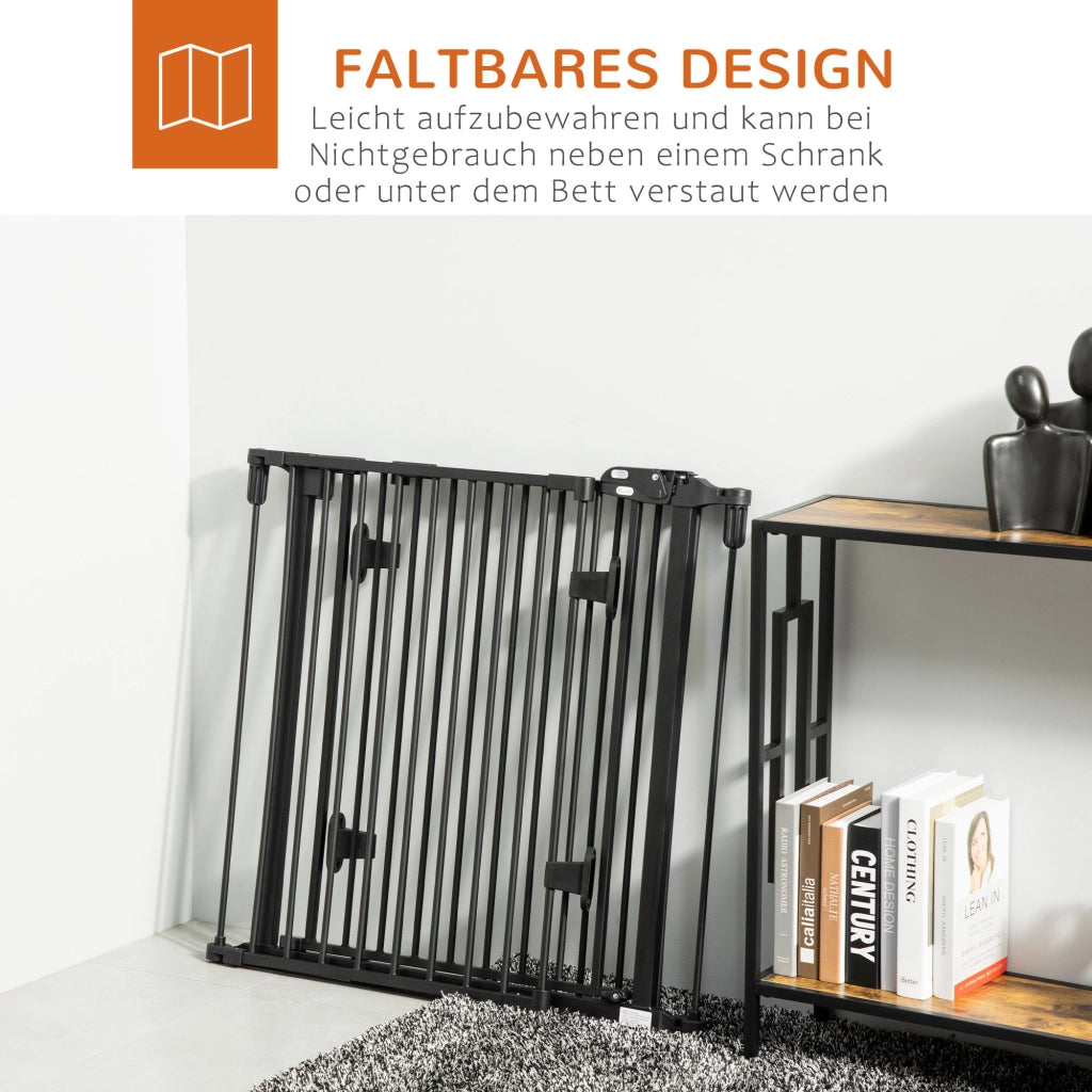 Cancelletto per cani a 3 pannelli con porta a chiusura automatica pieghevole in plastica nero 202.5 × 2 × 76 cm