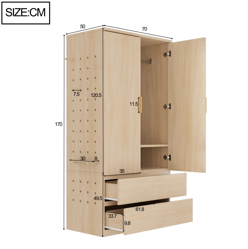 Armadio multifunzionale 70x50x170 cm con pannello forato laterale, cassetti nascosti e spazio appendiabiti, colore legno