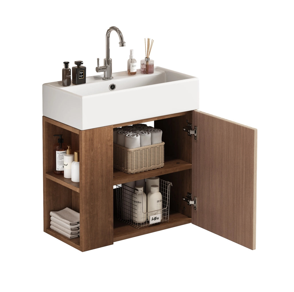 Mobile bagno compatto con lavabo in ceramica marrone