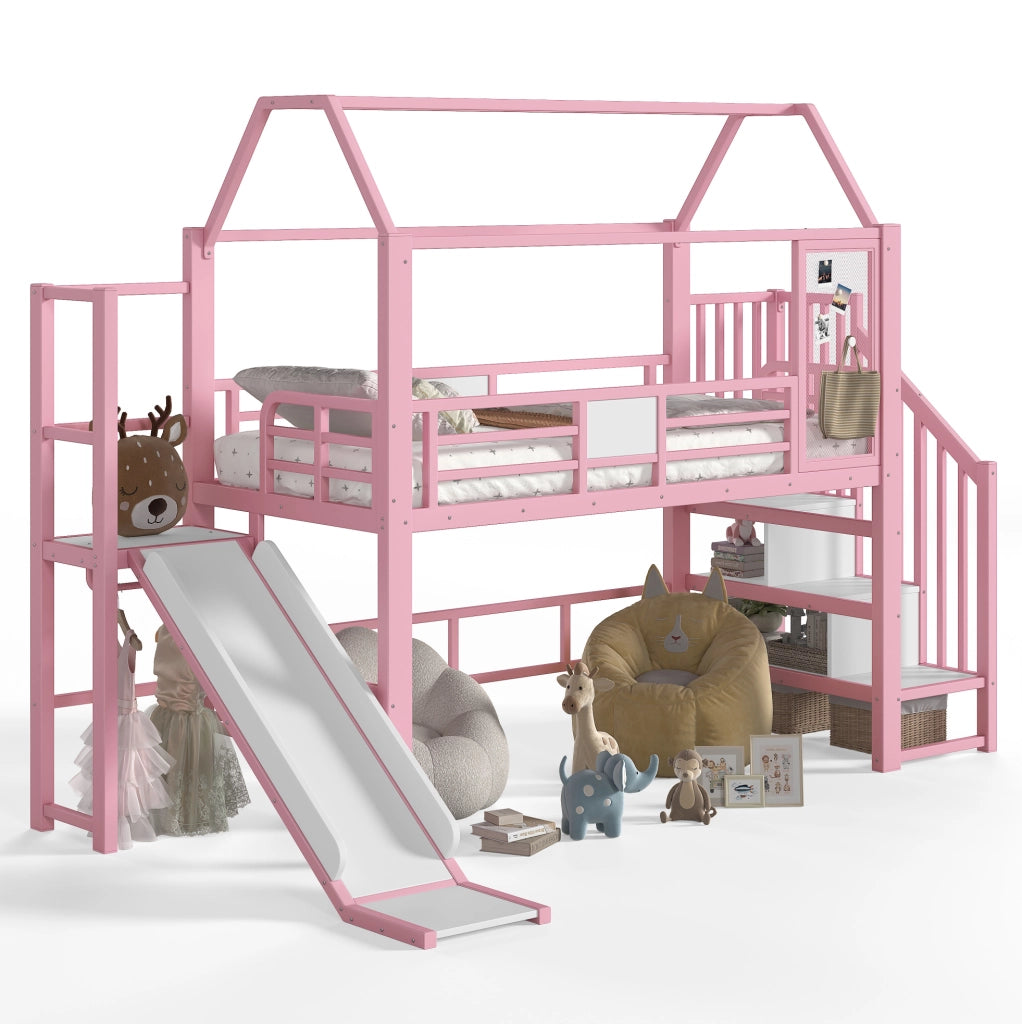 Letto a soppalco per bambini 90x200 cm a casetta con scivolo; scala contenitore e LED Bluetooth rosa HOMVRA