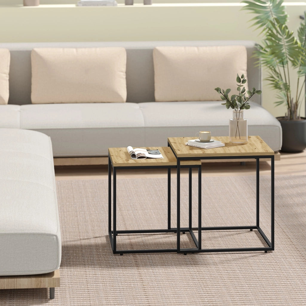 Set di 2 tavolini da salotto Nesting rovere e metallo nero