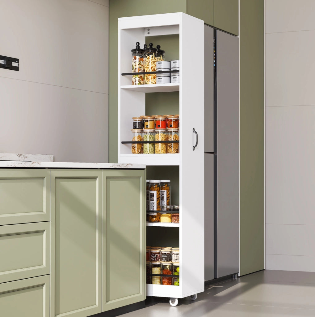 Libreria stretta 40x30x160;5 cm in MDF bianco con ruote e barre di protezione