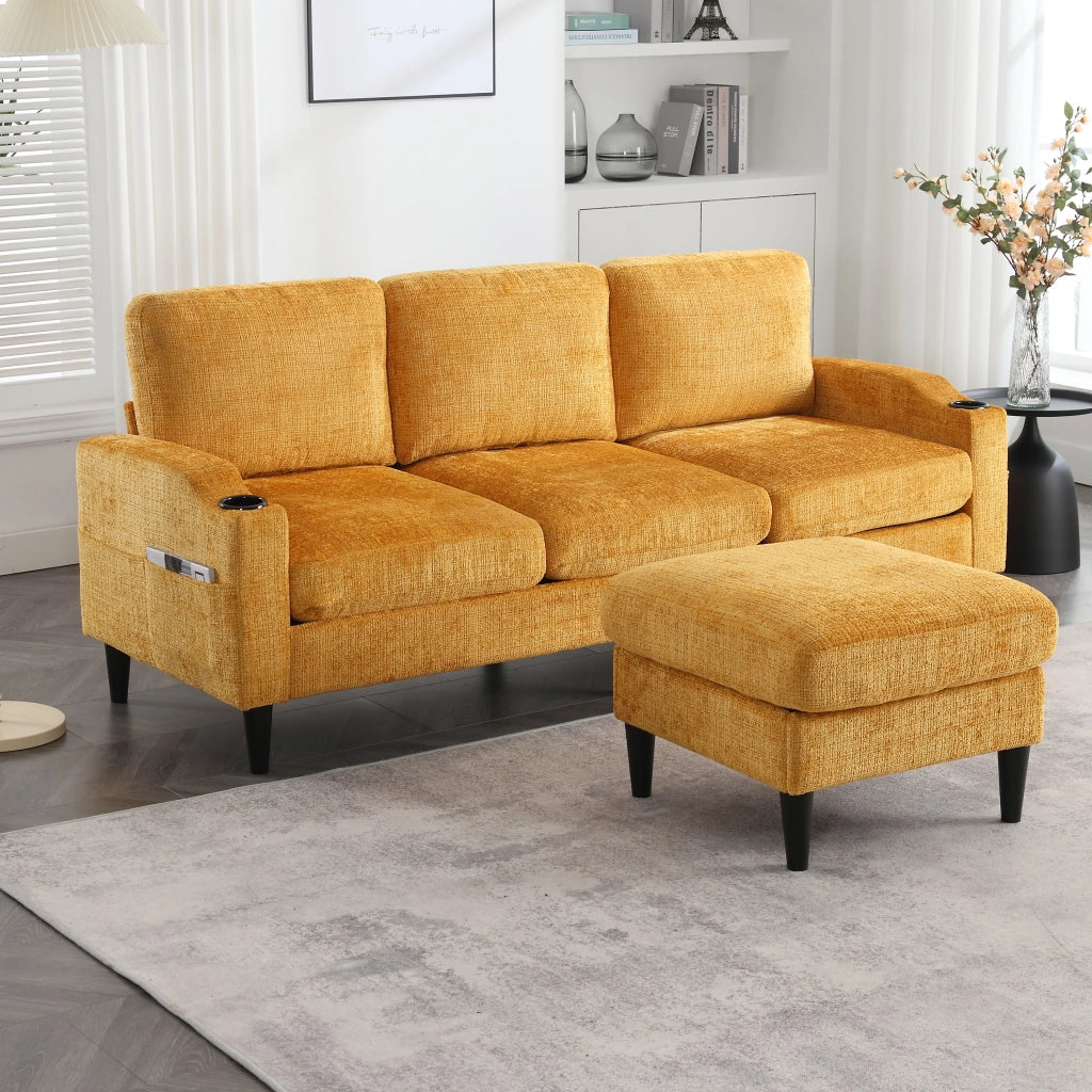 Divano 4 posti con pouf contenitore in ciniglia giallo 196,5x75x77 cm