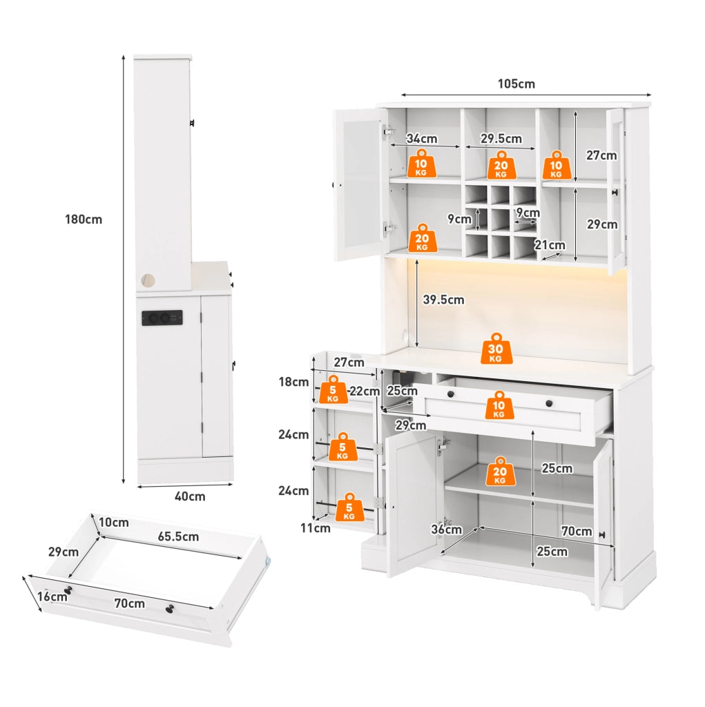 Mobile buffet con LED a cambio colore, ripiani regolabili, prese integrate, 180x105x40 cm, bianco e vetro temperato