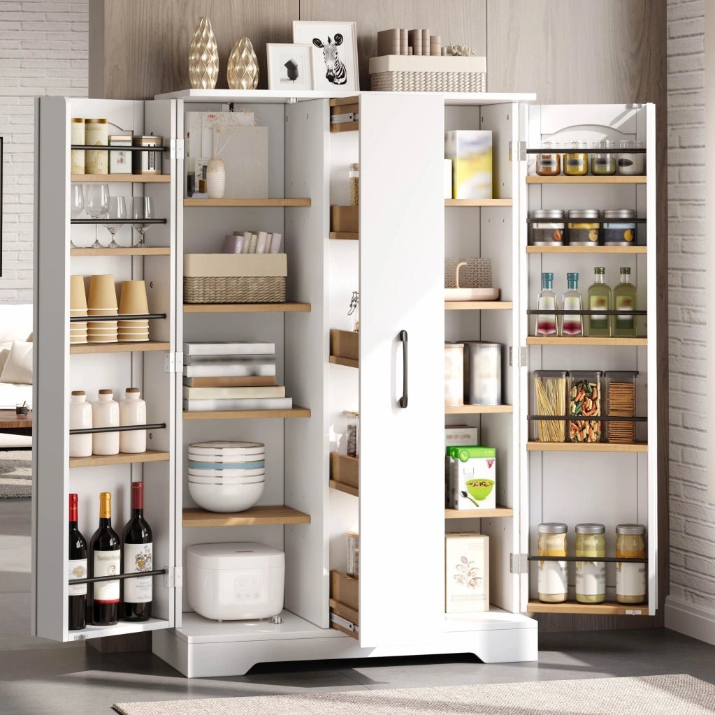 Credenza cucina con portaspezie; 2 ante; 4 ripiani; estraibile verticale; 120x78x35 cm; MDF; bianco