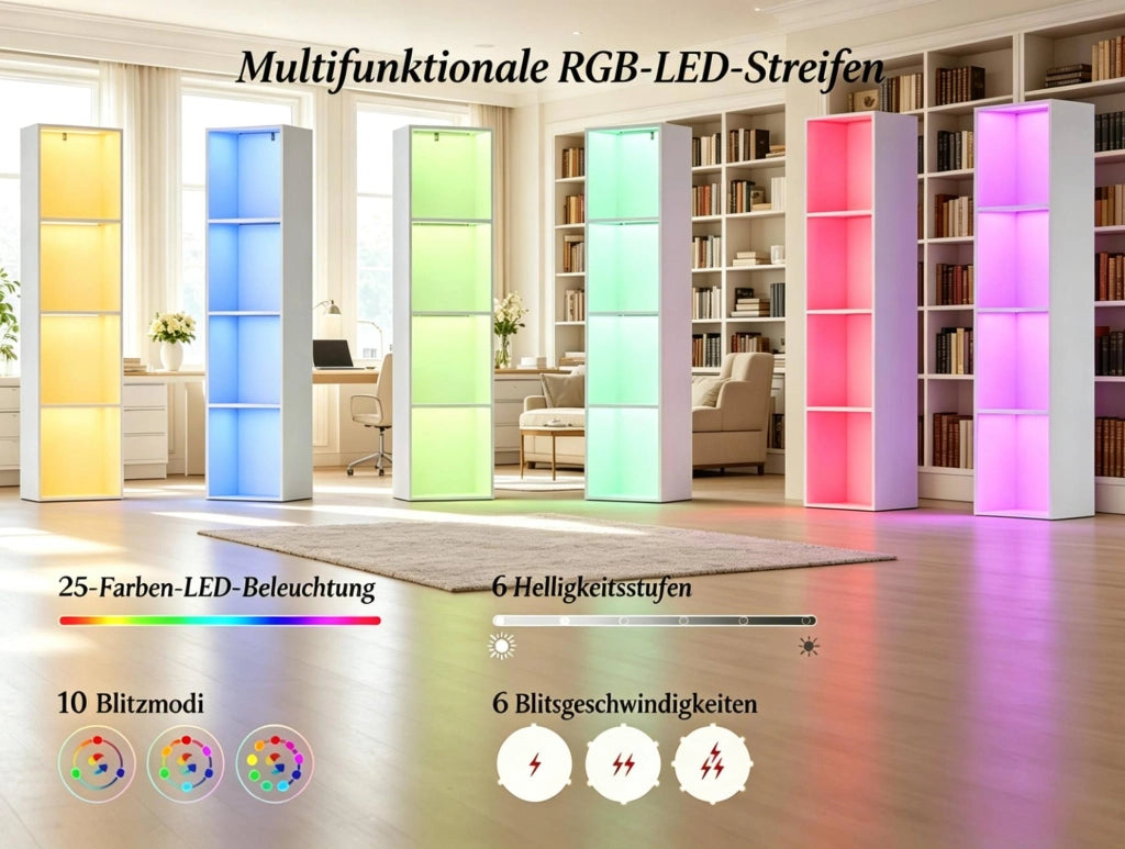 Libreria verticale bianca a 4 ripiani con illuminazione RGB
