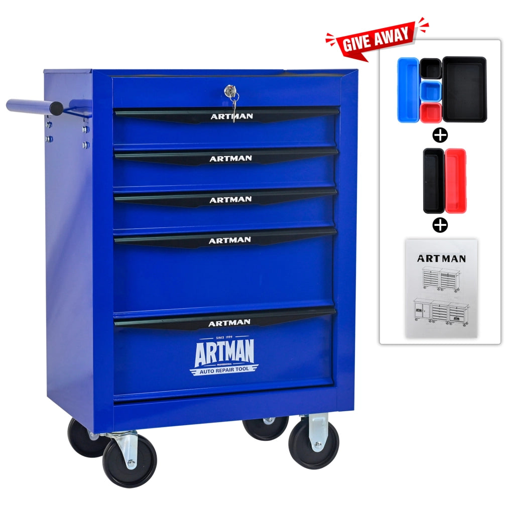 Carrello porta attrezzi mobile in acciaio con 5 cassetti e ruote, 60x33x77,5 cm, nero e blu