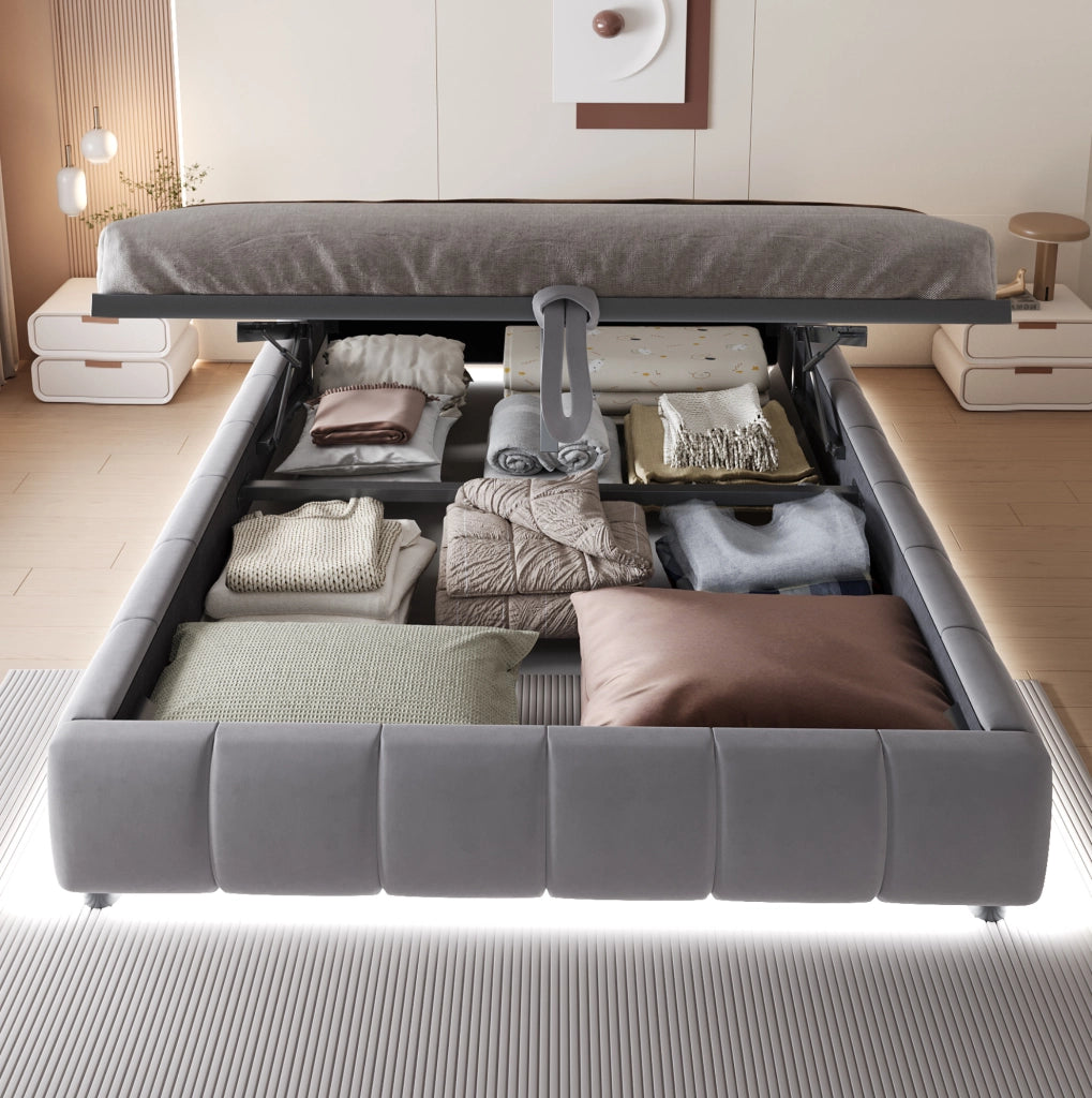 Letto imbottito 140x200 cm con contenitore e LED grigio