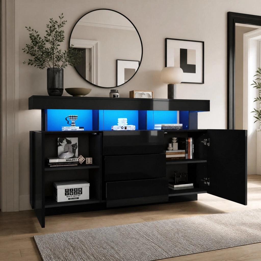 Credenza moderna lucida nera con LED e 3 cassetti