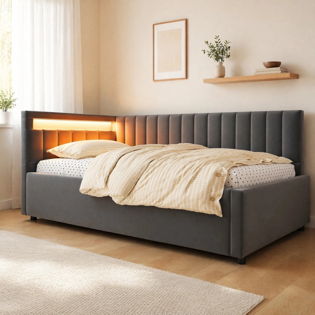 Letto imbottito 90x200 con LED, vano contenitore e rete a doghe
