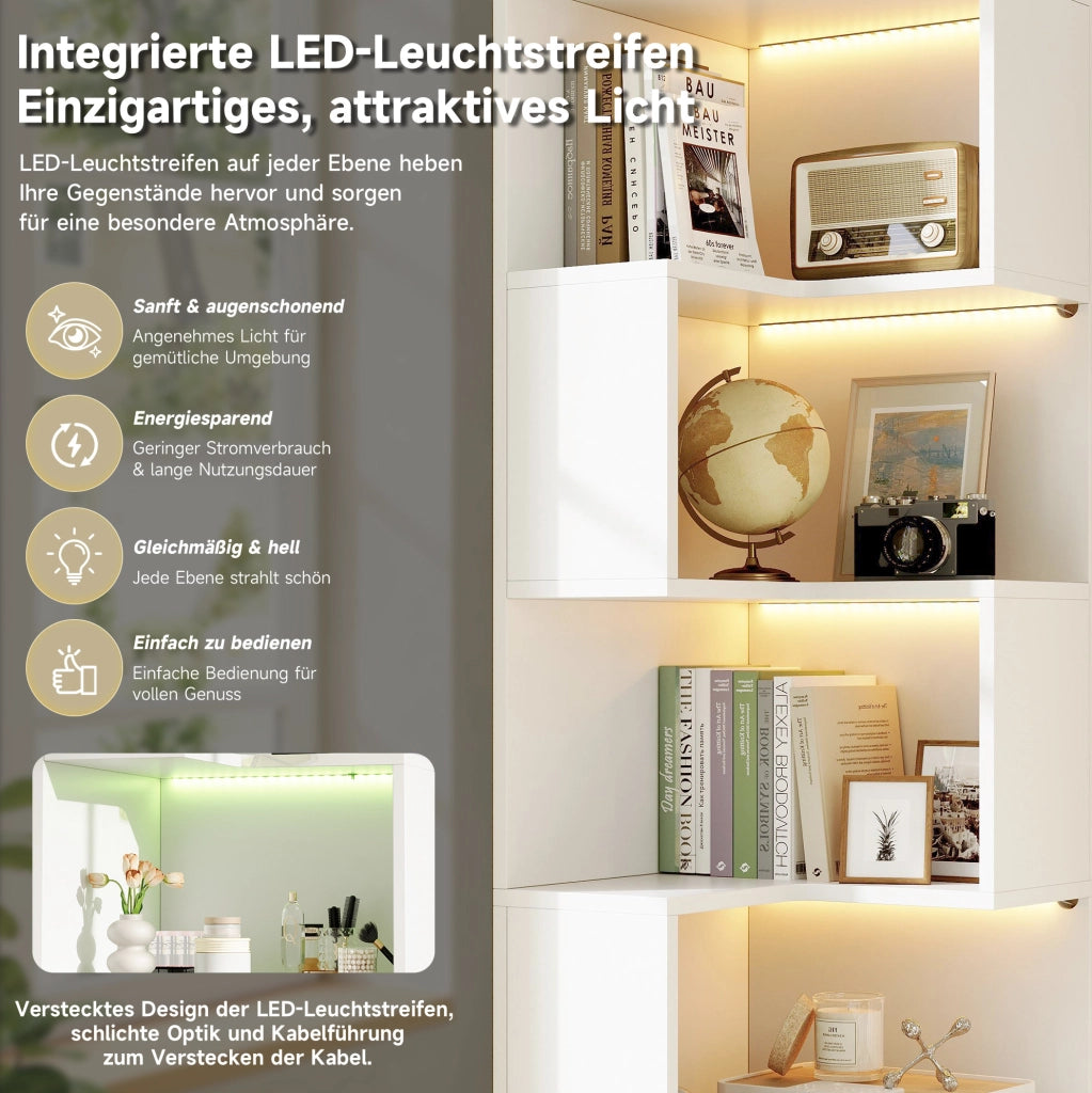 Scaffale angolare bianco 165 cm con LED e 2 cassetti