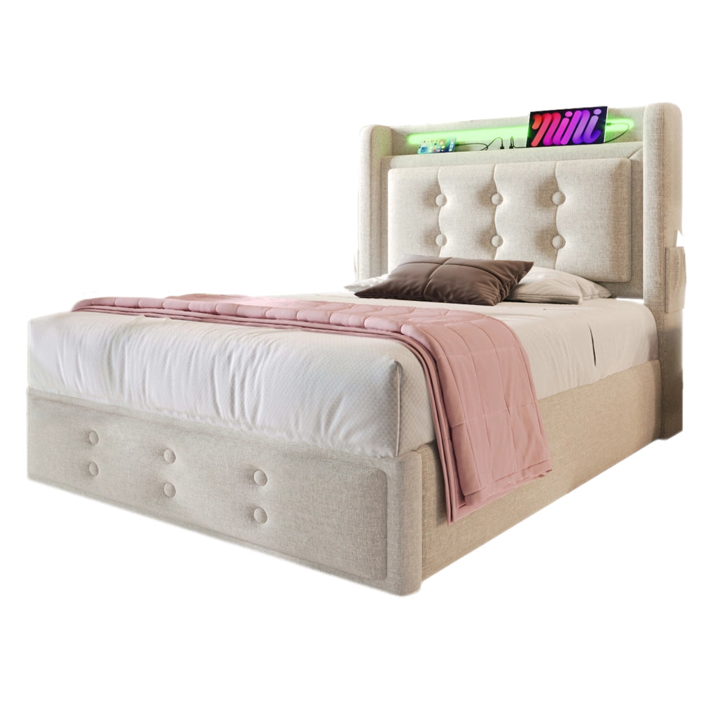 Letto singolo 90x200 cm con contenitore; LED e USB-C; in cotone e lino; beige