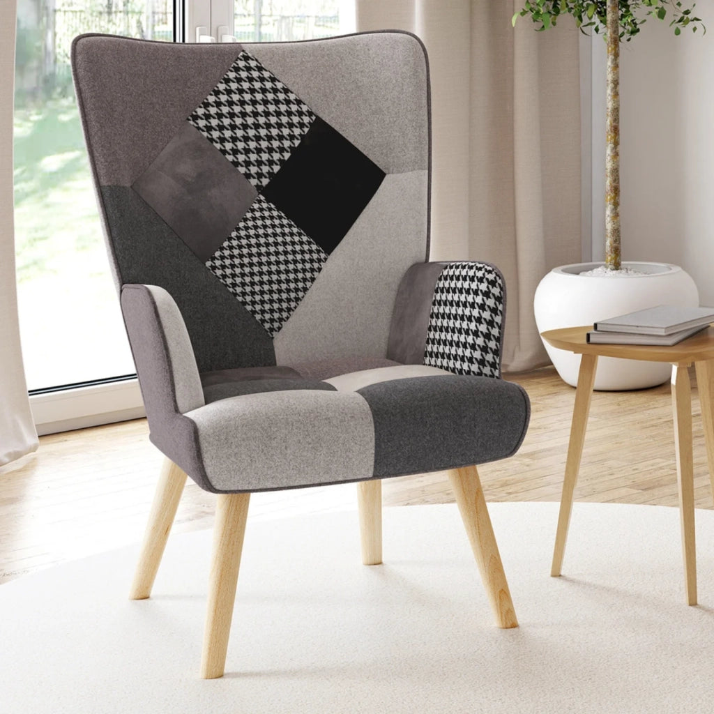 IDMarket - Poltrona scandinava IVAR in tessuto patchwork nero, grigio e bianco