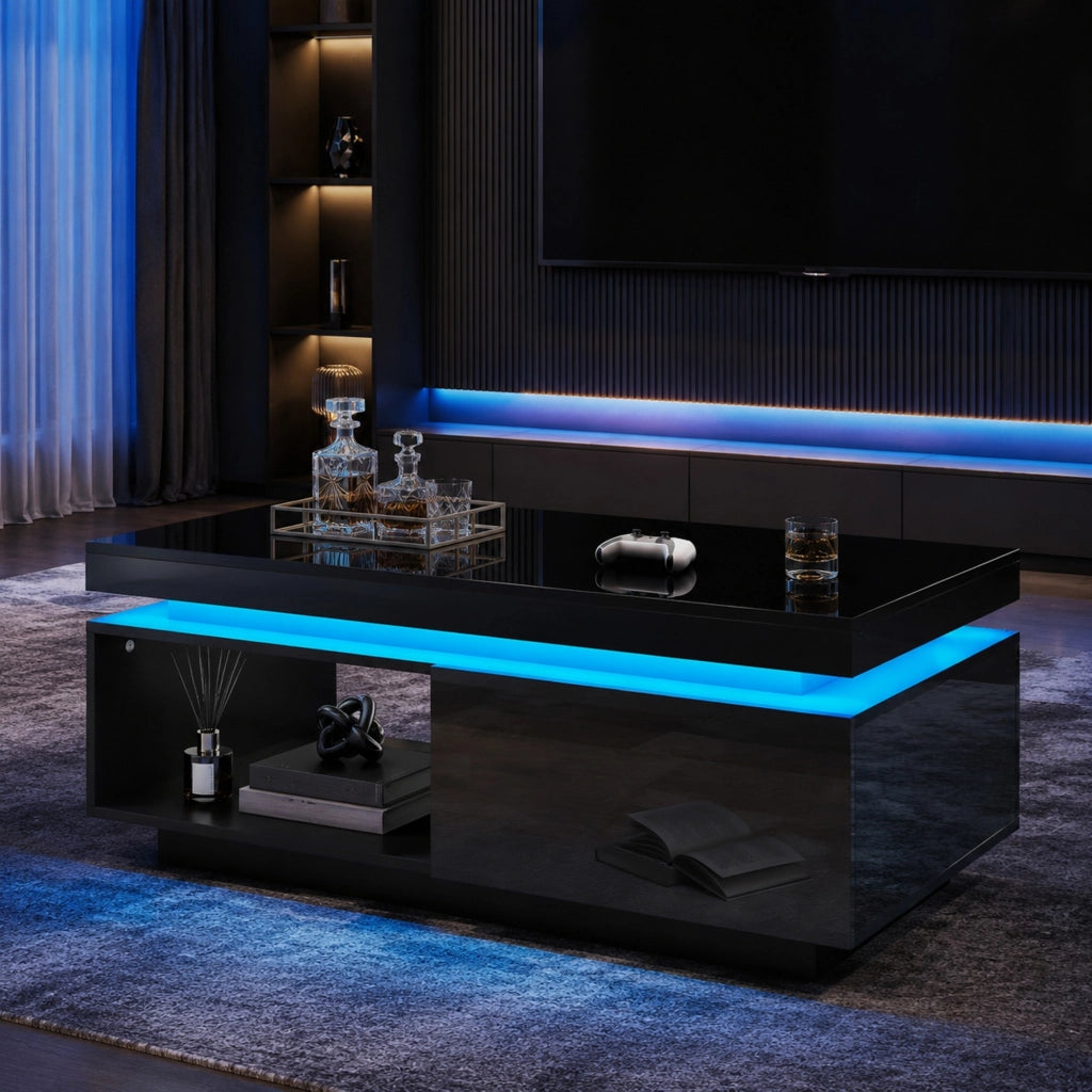 Tavolino da salotto con LED e cassetto in pannello di particelle nero lucido portata 50 kg 100 × 50 × 40.3 cm