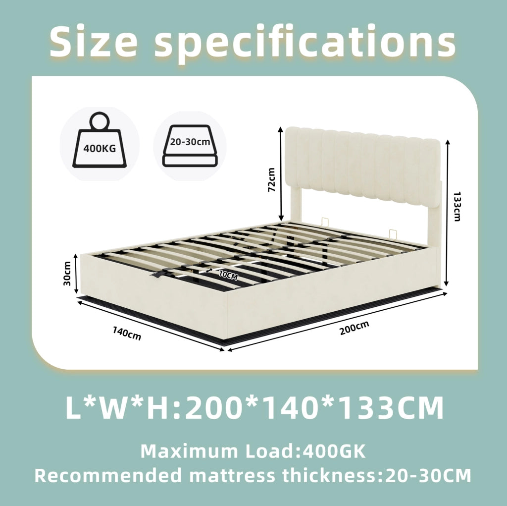 Letto imbottito minimalista beige 140x200 cm con testata morbida e contenitore