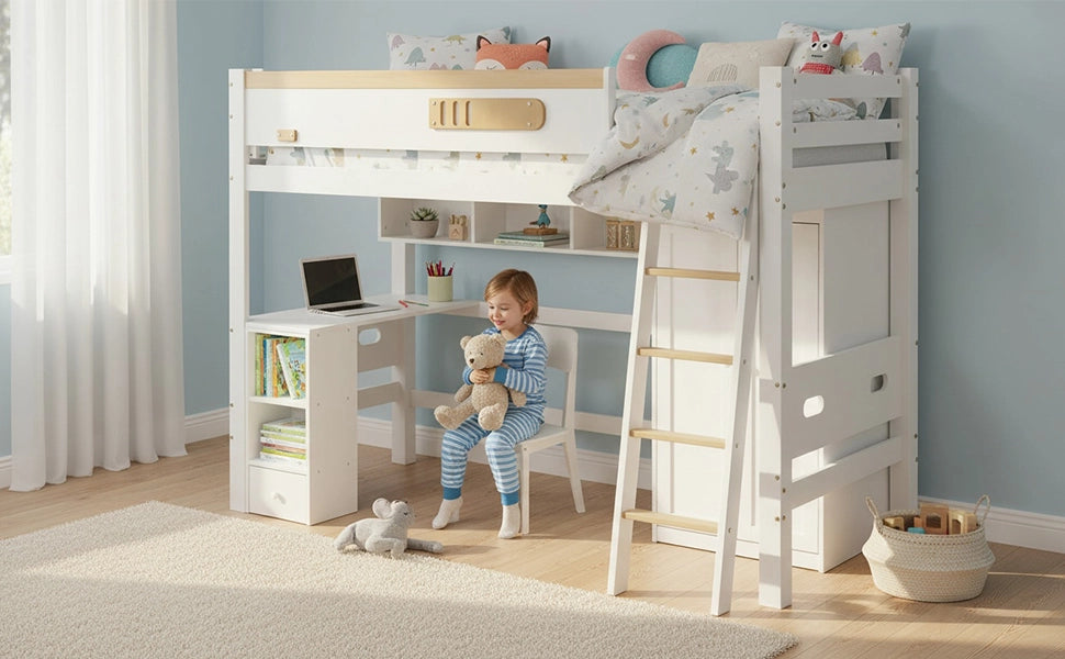 Letto a soppalco con scrivania e armadio in pino; MDF e compensato; 90x200 cm; bianco e naturale per cameretta