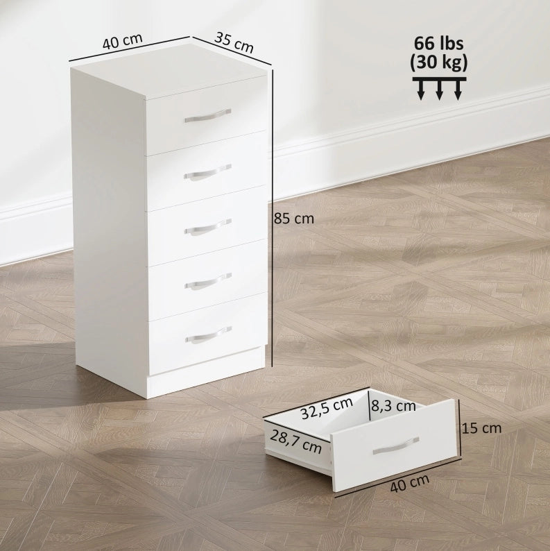 Cassettiera bianca 5 cassetti 40x35x85 cm in legno con sistema antiribaltamento