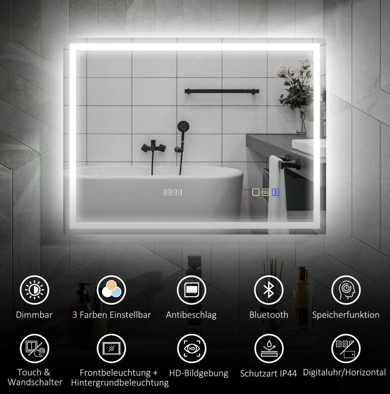 Specchio LED da bagno Bluetooth con orologio e funzione antiappannamento