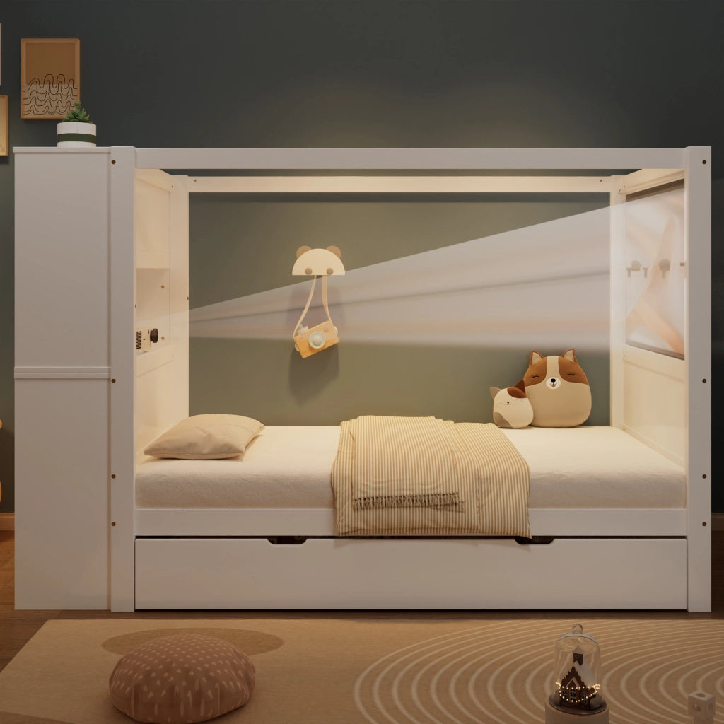 Letto singolo 90 × 200 cm con 5 cassetti e cassetto estraibile in legno bianco con sponde e barra superiore