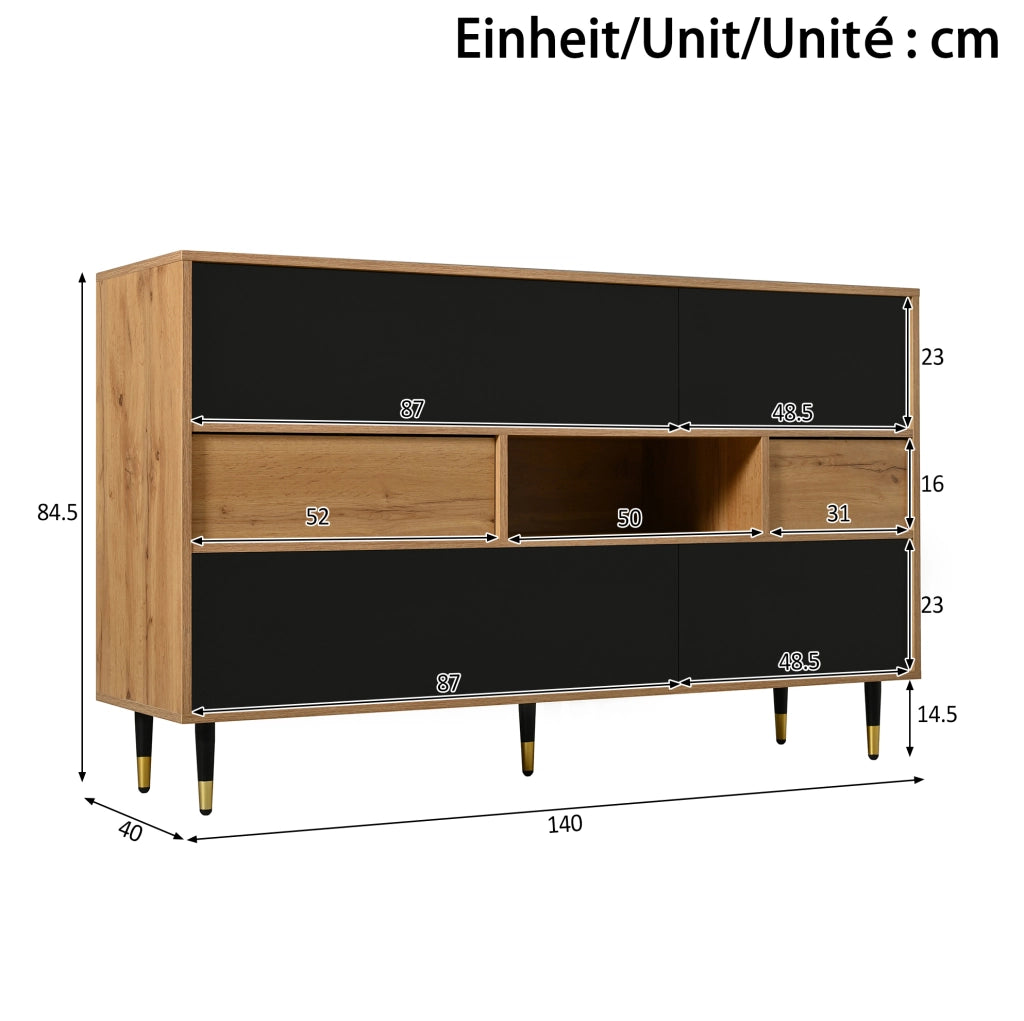 Credenza bicolore 140 cm con 2 cassetti e vani contenitore