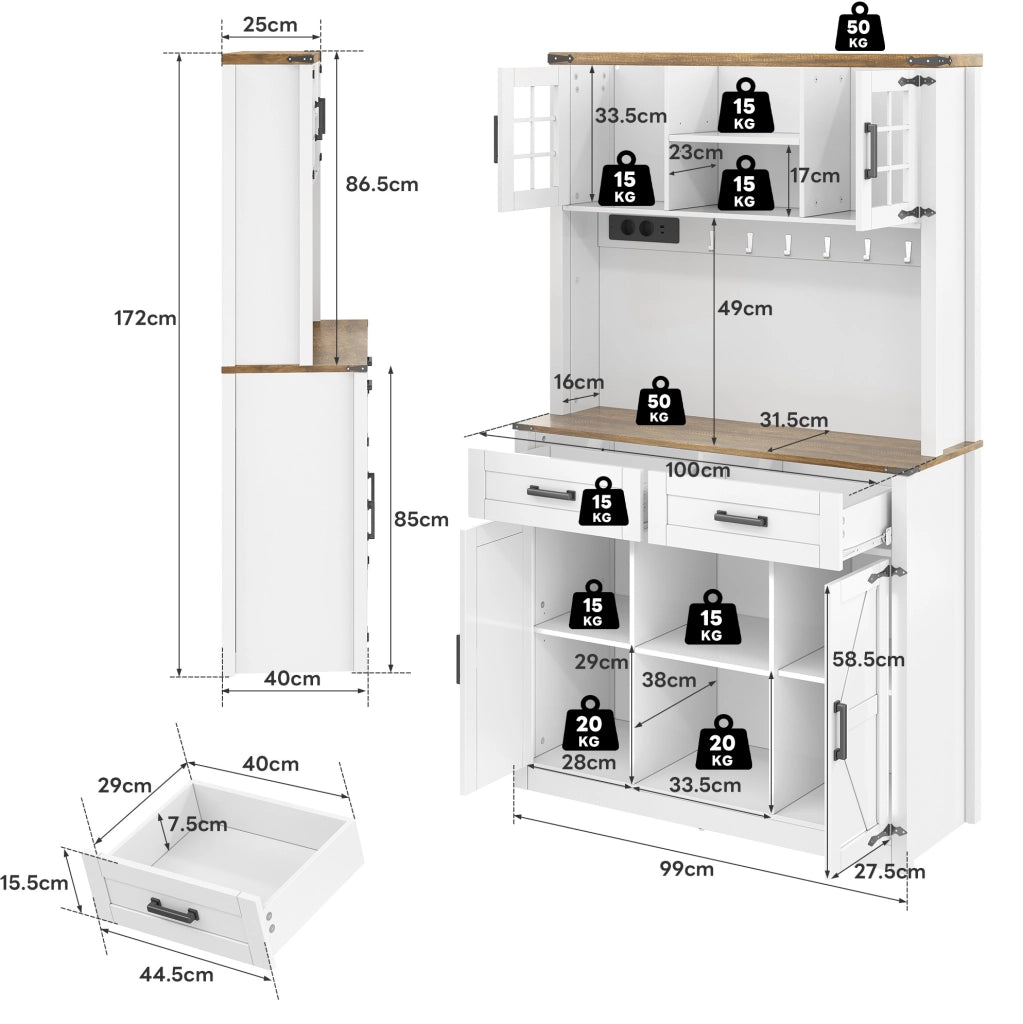Mobile bar rustico con illuminazione LED regolabile, 2 ampi cassetti e ripiani regolabili, buffet da cucina bianco con design a porta da fienile
