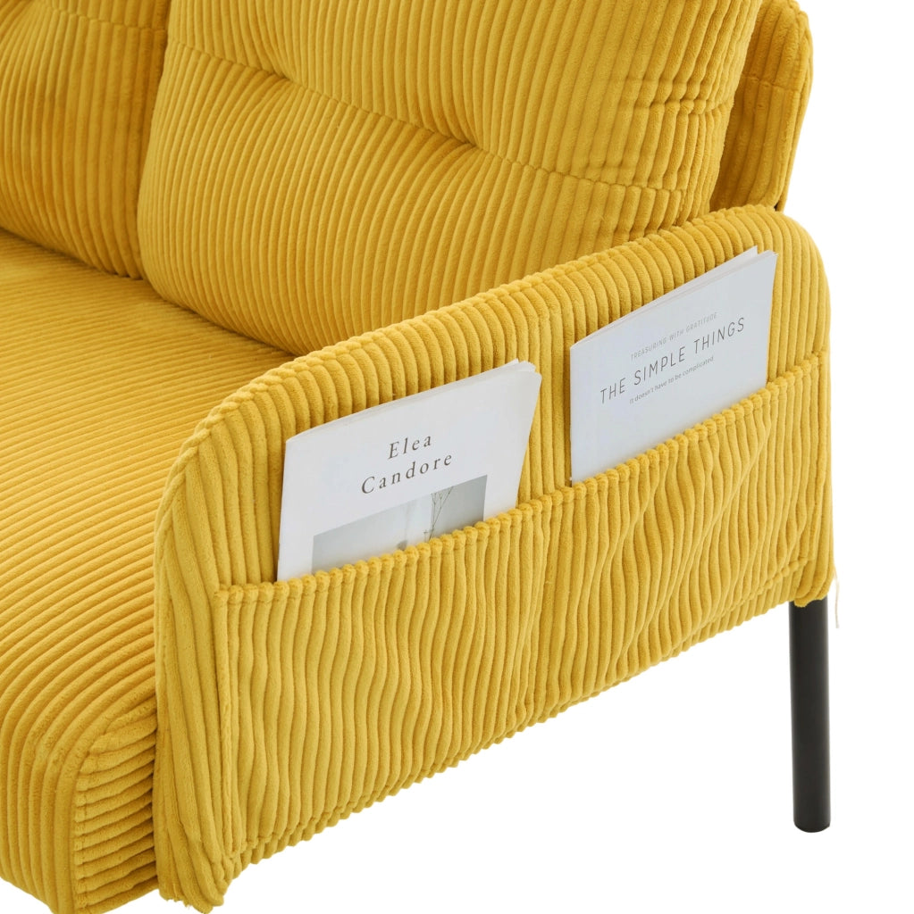 Divano 3 posti in tessuto a coste con schienale alto, tasche laterali e gambe in metallo, dimensioni 171x72x80 cm
