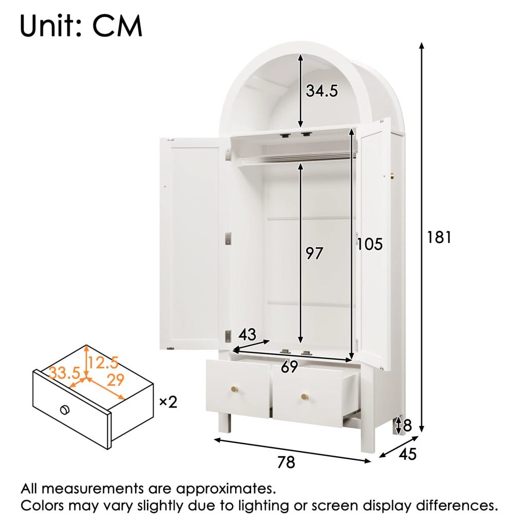 Armadio guardaroba 181x78x45 cm in MDF bianco con intreccio in rattan, 2 ante con chiusura magnetica, 2 cassetti, barra appendiabiti e apertura a mezzaluna