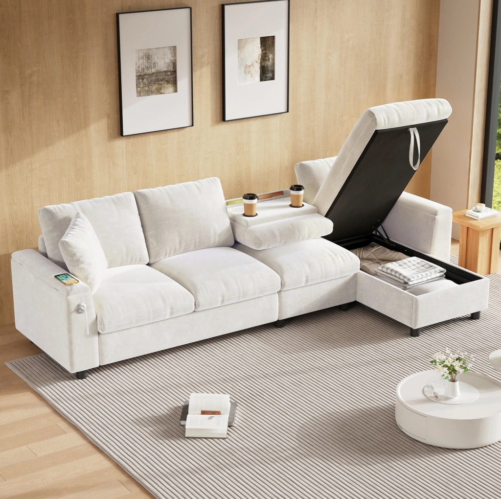 Divano letto angolare reversibile in ciniglia beige con tavolino; USB e Type-C